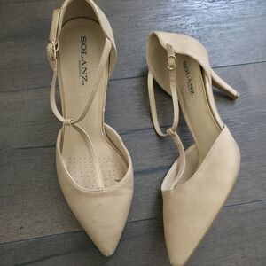 SOLANZ Nude Pointed T-Strap Heels